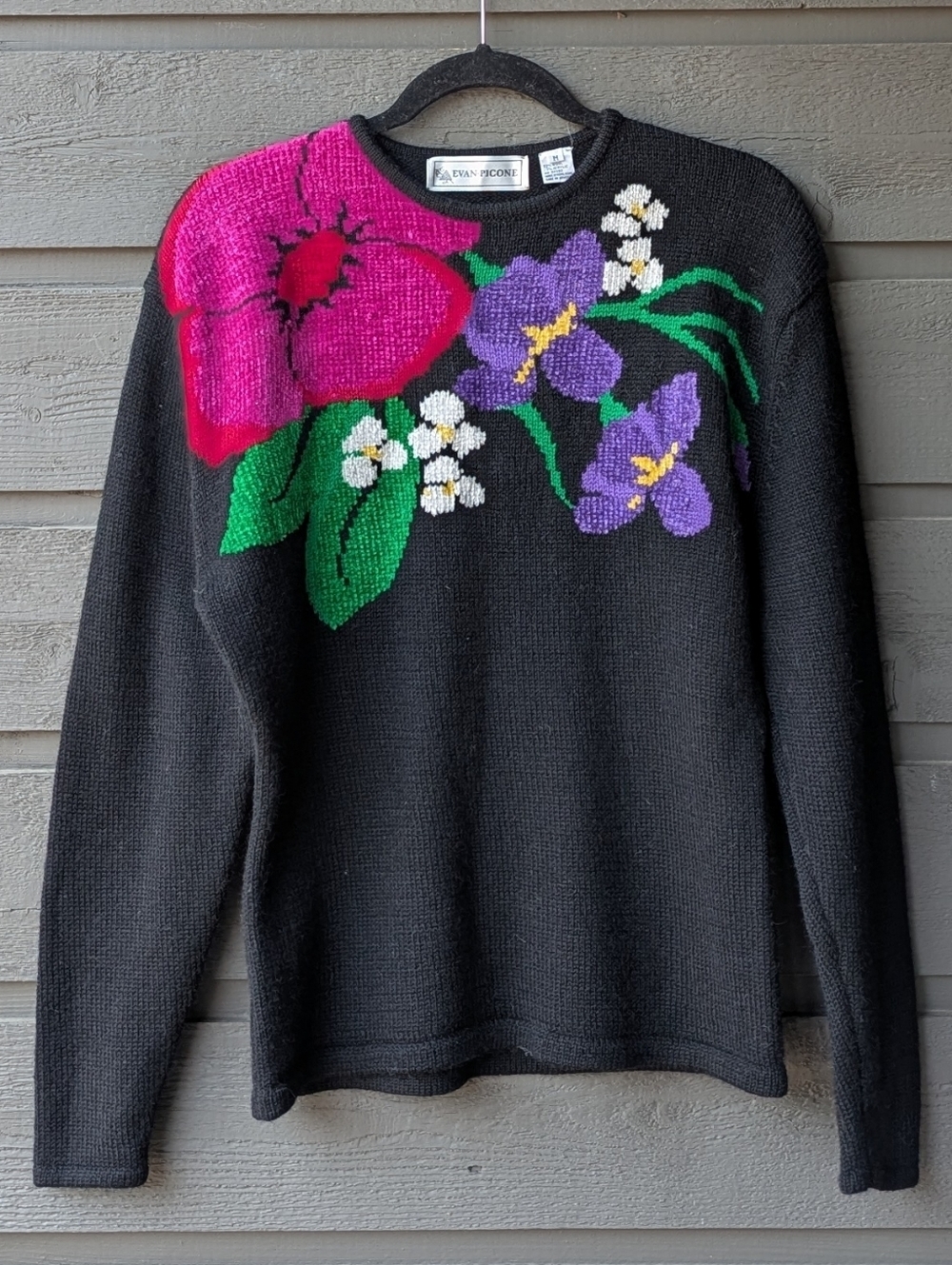 VTG 80s Evan-Picone Wool Floral Crew Neck Sweater Black Pink Purple Green Medium